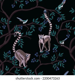 Lemur animals, birds, trees seamless pattern. Exotic night botanical floral wallpaper.