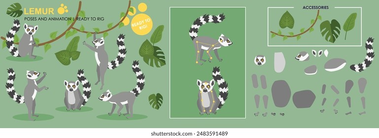 Lemur, animation character in layers ready to animate with poses and accessories. Cute wildlife, animal, rig ready jungle creatures. 