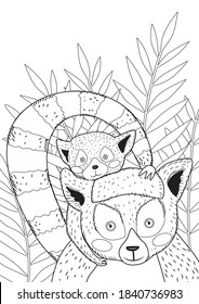 Lemur with a baby on its back in the jungle. Coloring page for coloring book. Cartoon vector illustration.