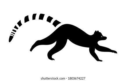 Lemur black sealeet. Exotic tropical animal on a white isolated background. Cute funny lemur with a striped tail. Vector stock illustration in cartoon style.