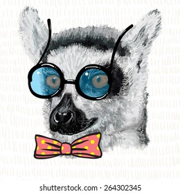 Lemur in blue glasses with black frame and pink bow in yellow polka dot, vintage illustration of hipster animal, monkey. 