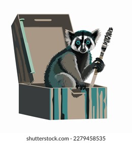 A Lemur in a box with a paintbrush flat logo style