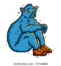 Lemur. Cartoon blue lemur with sad eyes and orange sneakers on white background isolated. Stock Vector Illustration. Cartoon style.