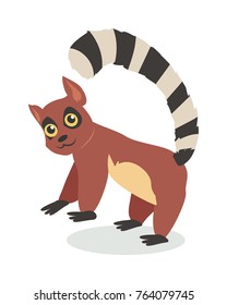 Lemur cartoon character. Lemur with big striped tail flat vector isolated on white. Madagascar fauna. Cute lemur icon. Wild animal illustration for zoo ad, nature concept, children book illustrating