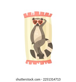 Lemur cartoon character sunbathing vector illustration. Summer resort, funny comic wild animal in sunglasses relaxing on beach towel on white background. Wildlife, vacation concept