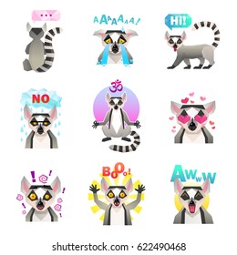 Lemur emotions set of similar flat isolated cartoon macaco character emoticons with decorative signs and text vector illustraton
