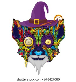 Lemur face of witch with gold monocle and witch hat and beard, vector illustration isolated on white background