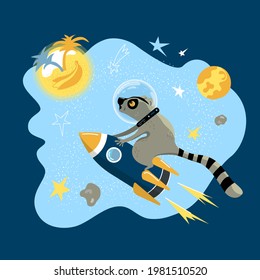 Lemur flies on a rocket to a fabulous planet. Style children's cartoon. Vector, isolated.