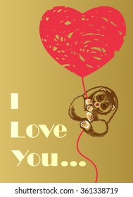 Lemur flying on a balloon in the shape of a heart . romantic postcard for Valentine's day .Vector illustration of freehand drawing .