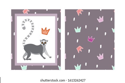 Lemur in a frame of crowns. Template design. Animal lemur in modern flat style . Animal character design isolated on light blue background. Invitation card, greeting card, t shirt design.