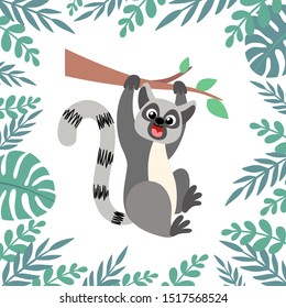 Lemur with frame of tropical palm leaves. Animal cartoon style for kids, children's books and games, print, decor, background, design.