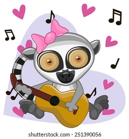 Lemur with a guitar on background music and hearts 