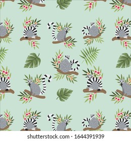 Lemur hand drawn vector pattern. Realistic cute lemurs in different poses sitting on branches with tropical jungle flowers. Endangered animals pattern. Animalistic floral collection