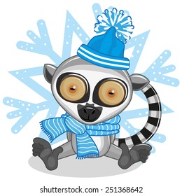Lemur in a hat on the background of snowflake 