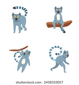 Iconos de lémur conjunto de dibujos animados Vector. Animal de Madagascar y África. Personaje de dibujos animados