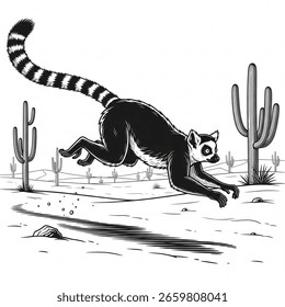 Salto de lêmure na cena do deserto Ilustração de vetor em preto e branco