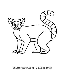 Lemur line drawing shows a stylized animal with large eyes and a curled striped tail ideal for coloring pages or educational materials
