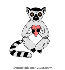 A lemur in love holds a heart. Lemur in hand drawn style isolated on white background. Vector illustration.