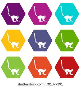 Lemur monkey icon set many color hexahedron isolated on white vector illustration