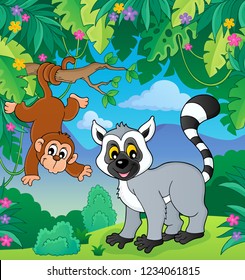 Lemur and monkey in jungle image 1 - eps10 vector illustration.