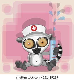 Lemur nurse with a syringe in his hand 