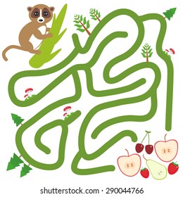 Lemur on the branch and the apple pear strawberry cherry on white background  labyrinth game for Preschool Children. Vector