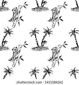 Lemur on a branch and palm on the island. Seamless pattern. Vector illustration.