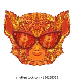 Lemur ornament face in red colors. Madagascar lemur Vector decorative Emblem. Illustration isolated on white background. Line art style. Fashion eyeglasses.