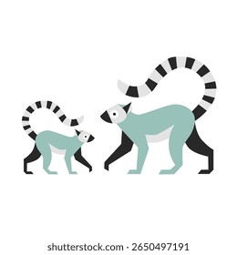 Lemur parent and bab , flat vector illustration of Madagascar jungle animals. Cute cartoon wild nature design for kids posters, animal families, and educational materials.