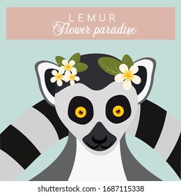lemur with plumeria on its head, vector graphics