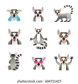 Lemur polygonal set of isolated big cartoon style icons with macaco character images representing various emotions vector illustration