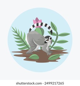 Lemur Primate Flat Vector Colorful with Nature Background Elements