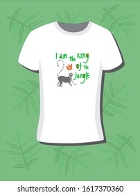 Lemur print design on t shirt illustration with tropic leaves on colored background. Stock vector hand drawn illustration. Isolated white t shirt with modern design print lemur illustration.