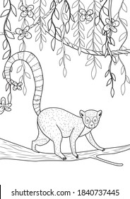 Lemur sits on a tree in the jungle. Coloring page for coloring book. Cartoon vector illustration.