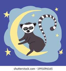 lemur sitting on the moon icon. hand drawn doodle style. vector, cartoon. Nursery room decor, children print. cute animal. newborn, sticker poster card