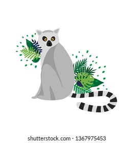 Lemur surrounded by tropical palm leaves isolated in white background. Elegant summer vector in trendy style. 