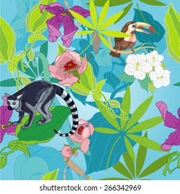 Lemur and toucan in jungle
