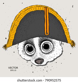 Lemur in traditional French headdress. Cap of Napoleon. Vector illustration