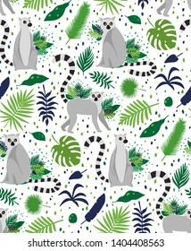 Lemures surrounded by tropical palm leaves. Elegant summer vector seamless pattern texture isolated on white. Can be used for fabric, wrapping, wallpapers, cover, surface textures, textile.