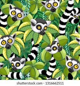 Lemurs of Madagascar in Exotic Jungle Seamless Pattern Vector Textile Design