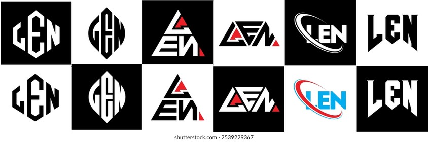 Design de logotipo de letra LEN em estilo seis. Polígono LEN, círculo, triângulo, hexágono, estilo simples e plano com logotipo de letra de variação de cor preto e branco definido em uma prancheta. Logotipo minimalista e clássico de LEN