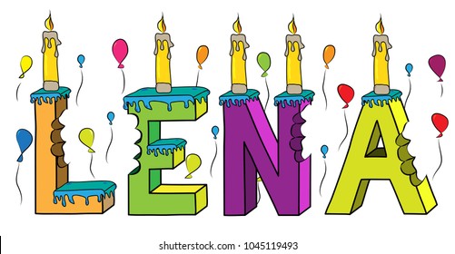 Lena female first name bitten colorful 3d lettering birthday cake with candles and balloons.