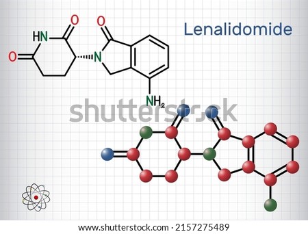 Lenalidomide molecule. It is immunomodulatory drug with antineoplastic, anti-angiogenic, anti-inflammatory properties. Structural chemical formula, molecule model. Sheet of paper in a cage. Vector 