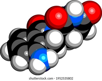 Lenalidomide multiple myeloma drug molecule. 3D rendering. Atoms are represented as spheres with conventional color coding: hydrogen (white), carbon (black), oxygen (red), nitrogen (blue).