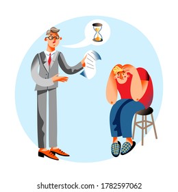 Lender or businessman holds contract and talks about deadline. Sad bank client or business partner sits on chair, clasping head. Vector character illustration of debts problems, breach of obligations