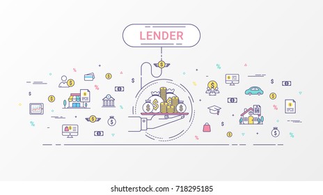 Lender Info Graphics Concept. Hand Holding A Money Tray. Loan Lending Of Money From Bank, Personal Loans, Credit Card, Organization Or Entity. Flat Line Design Create By Vector. 