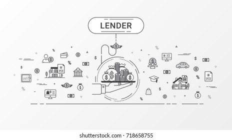 Lender Info Graphics Concept. Hand Holding A Money Tray. Loan Lending Of Money From Bank, Personal Loans, Credit Card, Organization Or Entity. Flat Line Design Create By Vector. 