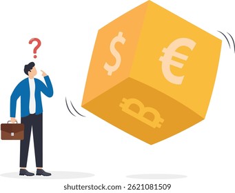 lending currency exchange, gold dice with foreign currency icons
