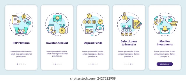 Lending for investors onboarding mobile app screen. P2P platform walkthrough 5 steps editable graphic instructions with linear concepts. UI, UX, GUI template. Myriad Pro-Bold, Regular fonts used