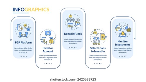 Lending for investors rectangle infographic template. P2P platform. Data visualization with 5 steps. Editable timeline info chart. Workflow layout with line icons. Lato-Bold, Regular fonts used